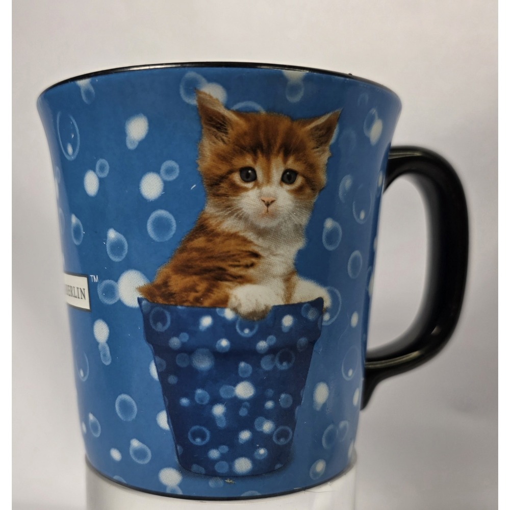 KITTEN MUG CUP VINTAGE KEITH KIMBERLIN DESIGNER BLUE BUBBLES CAT YELLOW TIGER